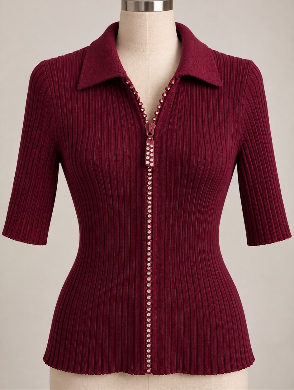Belldini Burgundy Ribbed Rhinestone Zip-Up Knit Top - Picture 2 of 7